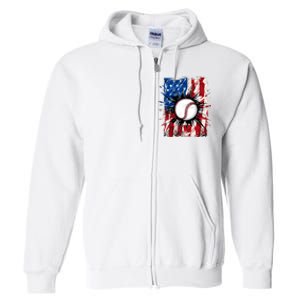 Patriotic Baseball 4th Of July Usa American Flag Boy Full Zip Hoodie