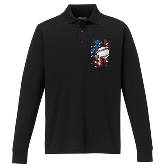 Patriotic Baseball 4th Of July USA American Flag Performance Long Sleeve Polo