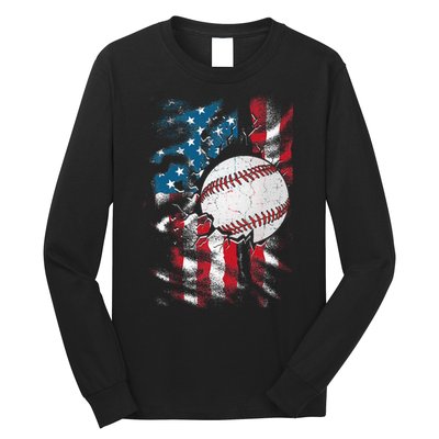 Patriotic Baseball 4th Of July USA American Flag Long Sleeve Shirt