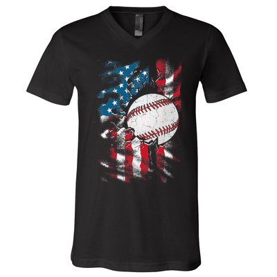 Patriotic Baseball 4th Of July USA American Flag V-Neck T-Shirt