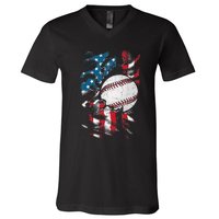 Patriotic Baseball 4th Of July USA American Flag V-Neck T-Shirt