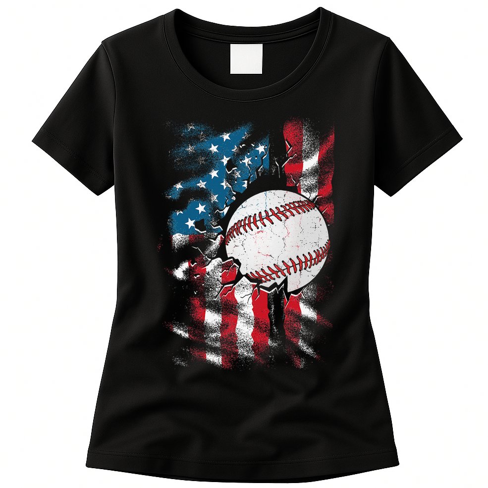 Patriotic Baseball 4th Of July USA American Flag Womens T-Shirt
