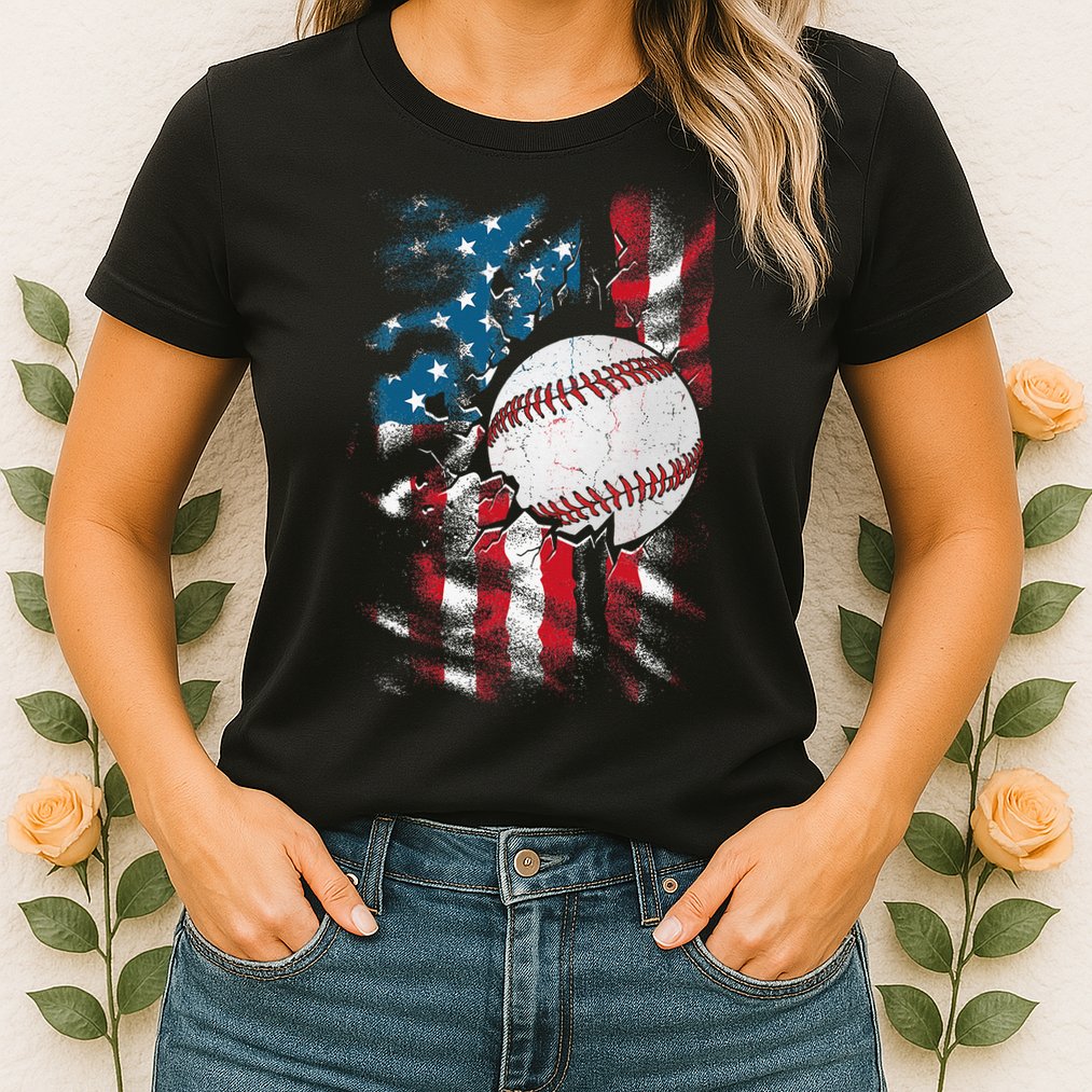 Patriotic Baseball 4th Of July USA American Flag Womens T-Shirt