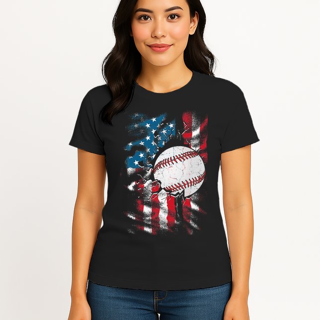 Patriotic Baseball 4th Of July USA American Flag Womens T-Shirt