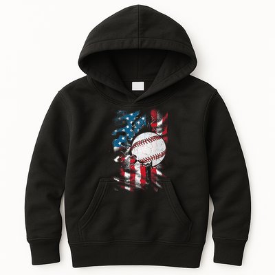 Patriotic Baseball 4th Of July USA American Flag Kids Hoodie