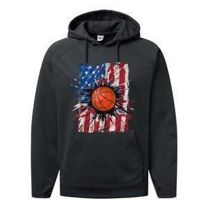 Patriotic Basketball 4th Of July Men USA American Flag Boy Performance Fleece Hoodie