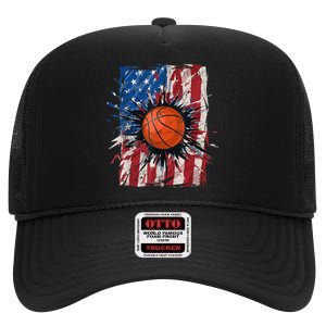 Patriotic Basketball 4th Of July Men USA American Flag Boy High Crown Mesh Back Trucker Hat