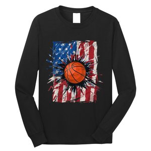 Patriotic Basketball 4th Of July Men USA American Flag Boy Long Sleeve Shirt