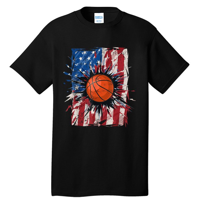 Patriotic Basketball 4th Of July Men USA American Flag Boy Tall T-Shirt