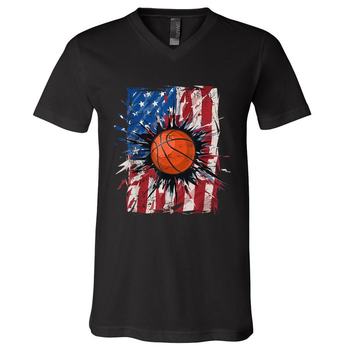 Patriotic Basketball 4th Of July Men USA American Flag Boy V-Neck T-Shirt