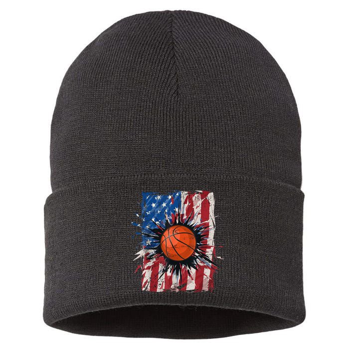 Patriotic Basketball 4th Of July Men USA American Flag Boy Sustainable Knit Beanie