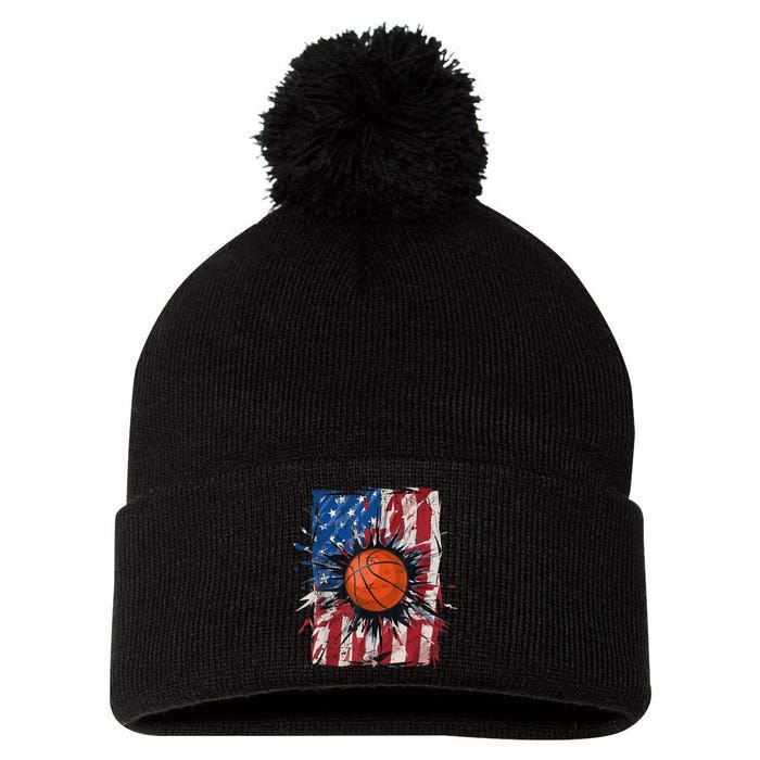 Patriotic Basketball 4th Of July Men USA American Flag Boy Pom Pom 12in Knit Beanie