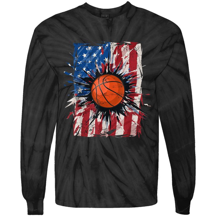 Patriotic Basketball 4th Of July Men USA American Flag Boy Tie-Dye Long Sleeve Shirt