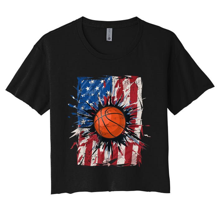 Patriotic Basketball 4th Of July Men USA American Flag Boy Women's Crop Top Tee