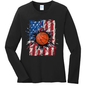 Patriotic Basketball 4th Of July Men USA American Flag Boy Ladies Long Sleeve Shirt