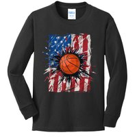 Patriotic Basketball 4th Of July Men USA American Flag Boy Kids Long Sleeve Shirt