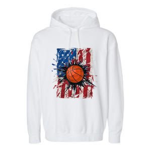 Patriotic Basketball 4th Of July Men USA American Flag Boy Garment-Dyed Fleece Hoodie