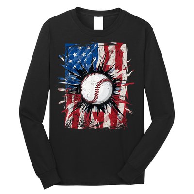 Patriotic Baseball 4th Of July Usa American Flag Long Sleeve Shirt