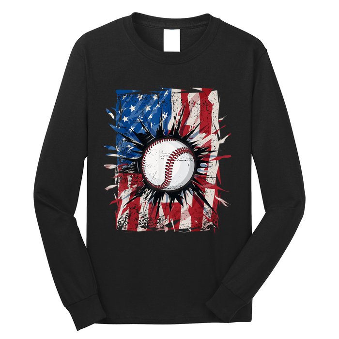 Patriotic Baseball 4th Of July Usa American Flag Long Sleeve Shirt