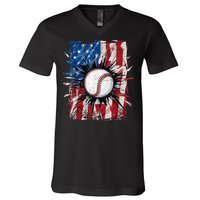 Patriotic Baseball 4th Of July Usa American Flag V-Neck T-Shirt