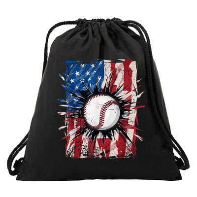 Patriotic Baseball 4th Of July Usa American Flag Drawstring Bag