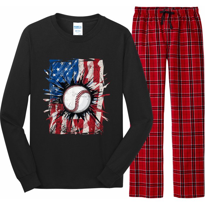 Patriotic Baseball 4th Of July Usa American Flag Long Sleeve Pajama Set