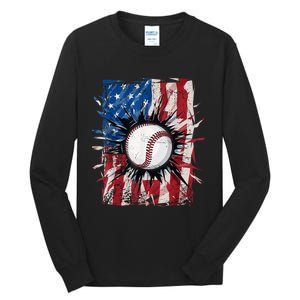 Patriotic Baseball 4th Of July Usa American Flag Tall Long Sleeve T-Shirt