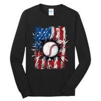 Patriotic Baseball 4th Of July Usa American Flag Tall Long Sleeve T-Shirt