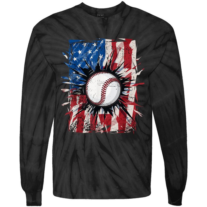 Patriotic Baseball 4th Of July Usa American Flag Tie-Dye Long Sleeve Shirt