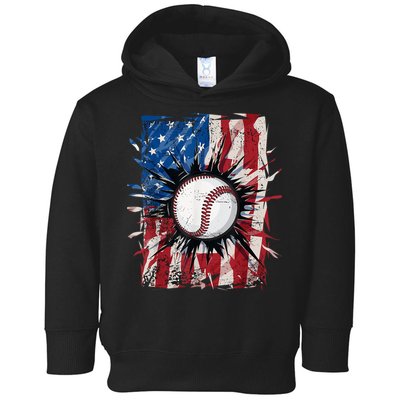 Patriotic Baseball 4th Of July Usa American Flag Toddler Hoodie