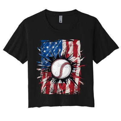 Patriotic Baseball 4th Of July Usa American Flag Women's Crop Top Tee