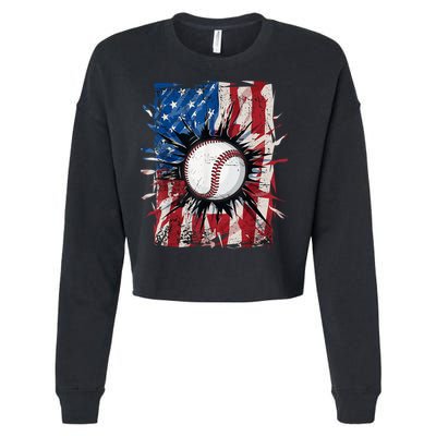 Patriotic Baseball 4th Of July Usa American Flag Cropped Pullover Crew