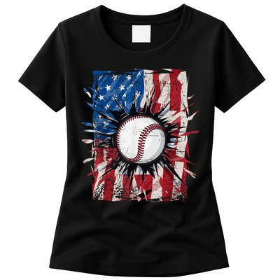 Patriotic Baseball 4th Of July Usa American Flag Womens T-Shirt