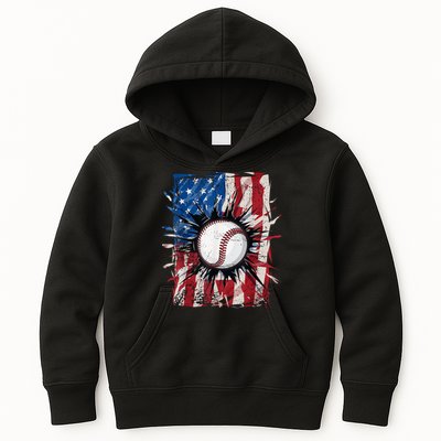 Patriotic Baseball 4th Of July Usa American Flag Kids Hoodie