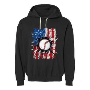 Patriotic Baseball 4th Of July Men USA American Flag Garment-Dyed Fleece Hoodie