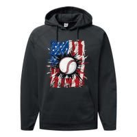 Patriotic Baseball 4th Of July Men USA American Flag Performance Fleece Hoodie