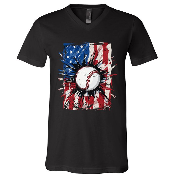 Patriotic Baseball 4th Of July Men USA American Flag V-Neck T-Shirt