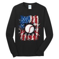 Patriotic Baseball 4th Of July Men USA American Flag Tall Long Sleeve T-Shirt