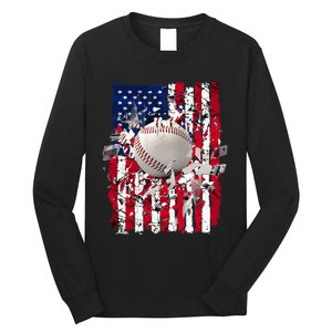 Patriotic Baseball 4th Of July Usa American Flag Long Sleeve Shirt