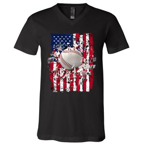 Patriotic Baseball 4th Of July Usa American Flag V-Neck T-Shirt