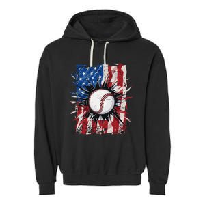 Patriotic Baseball 4th Of July USA American Flag Garment-Dyed Fleece Hoodie