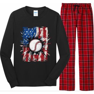 Patriotic Baseball 4th Of July USA American Flag Long Sleeve Pajama Set