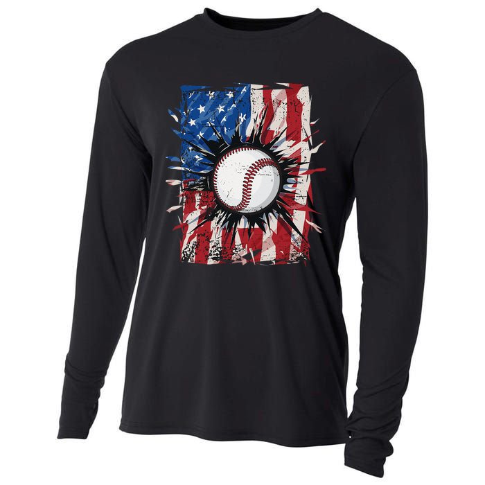 Patriotic Baseball 4th Of July USA American Flag Cooling Performance Long Sleeve Crew