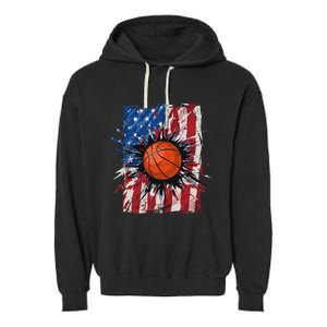 Patriotic Basketball 4th of July USA American Flag Garment-Dyed Fleece Hoodie