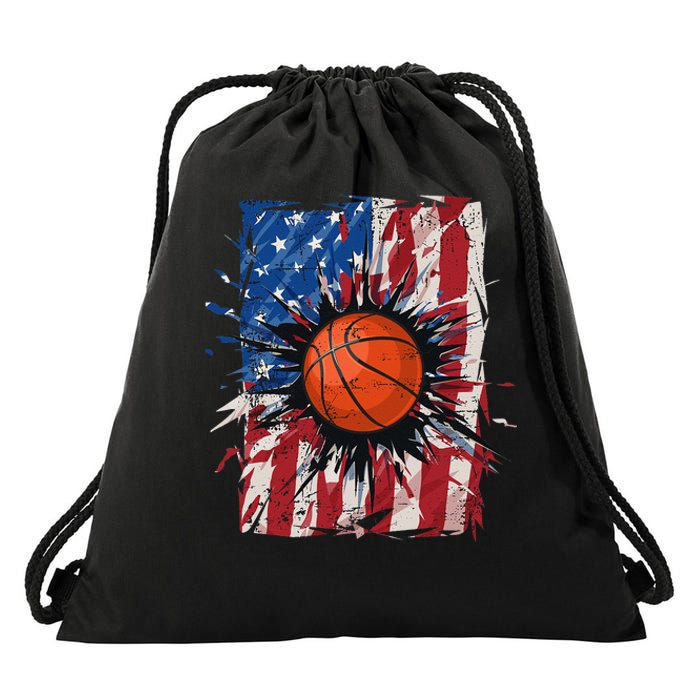 Patriotic Basketball 4th of July USA American Flag Drawstring Bag