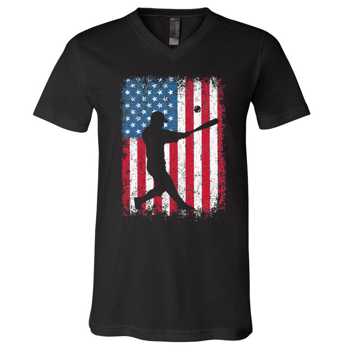 Patriotic Baseball 4th Of July Men USA American Flag V-Neck T-Shirt