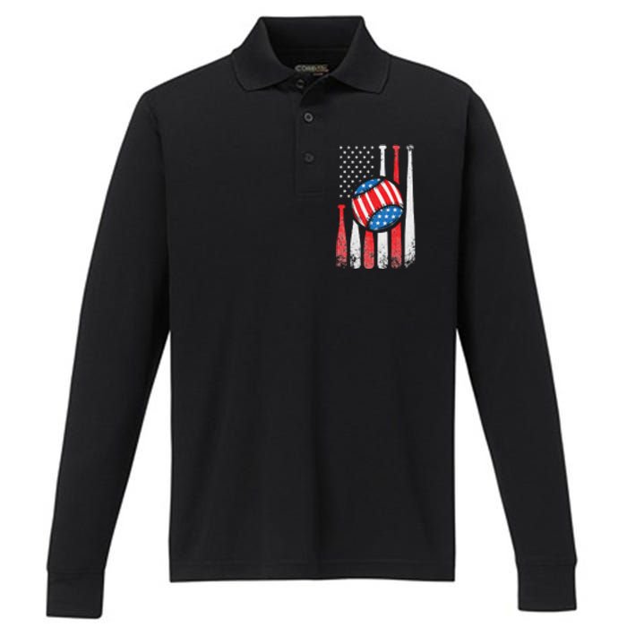 Patriotic Baseball 4th Of July USA American Flag Performance Long Sleeve Polo