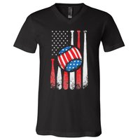 Patriotic Baseball 4th Of July USA American Flag V-Neck T-Shirt