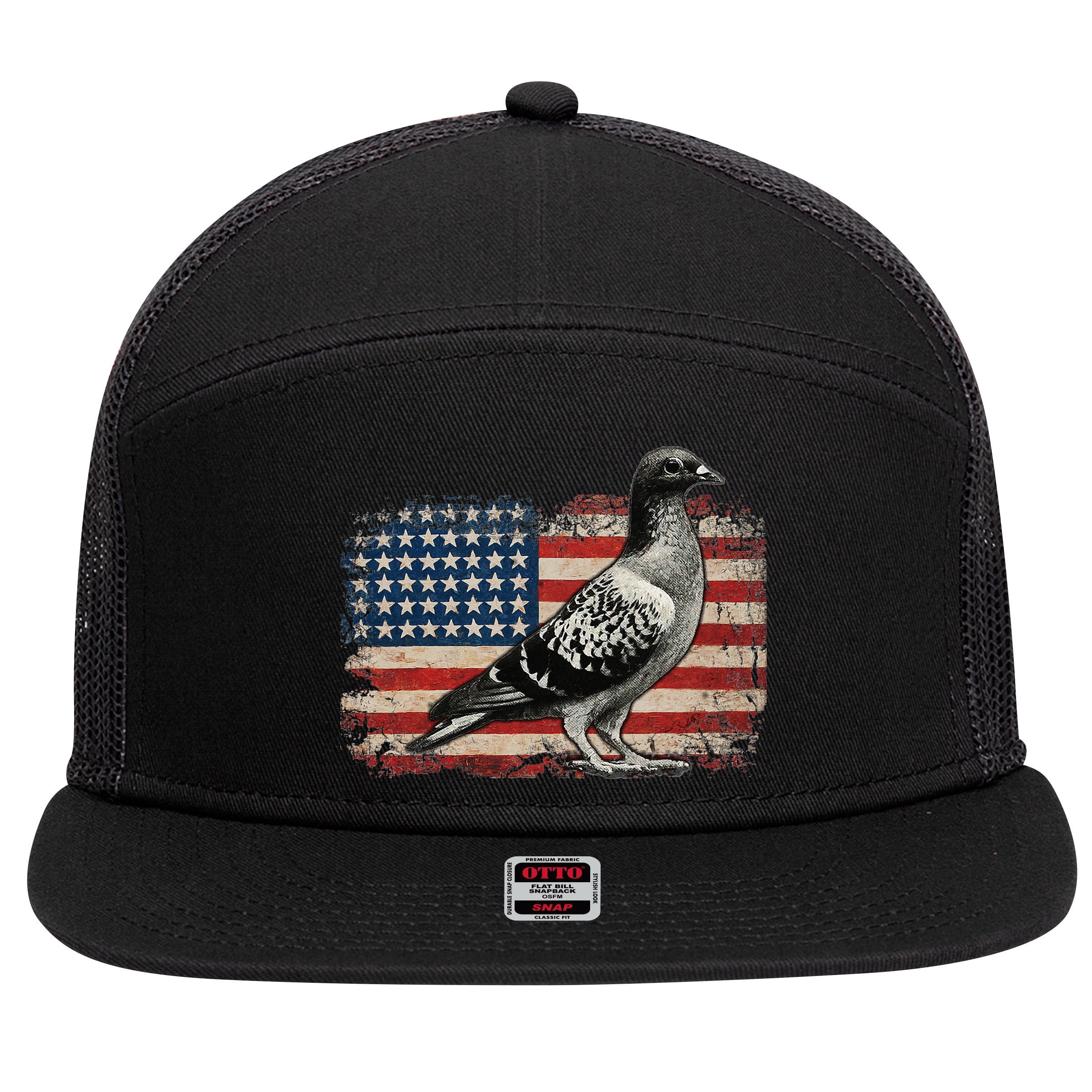 Pigeon Bird 4th of July USA Patriotic Gift pigeon USA flag 7 Panel Mesh Trucker Snapback Hat