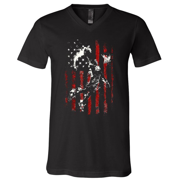 Patriotic Basketball 4th Of July Usa American Flag V-Neck T-Shirt